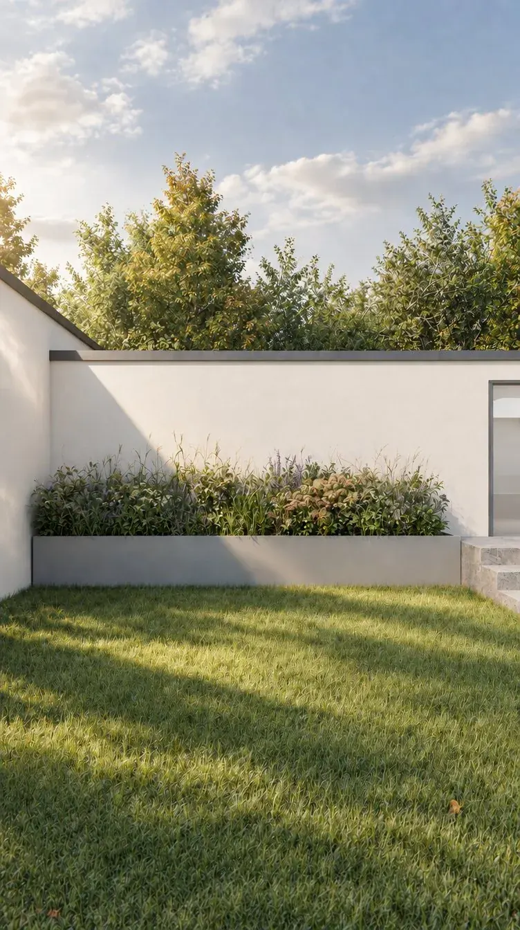 Modulares Hochbeet in Lichtgrau vor einer weißen Gartenmauer