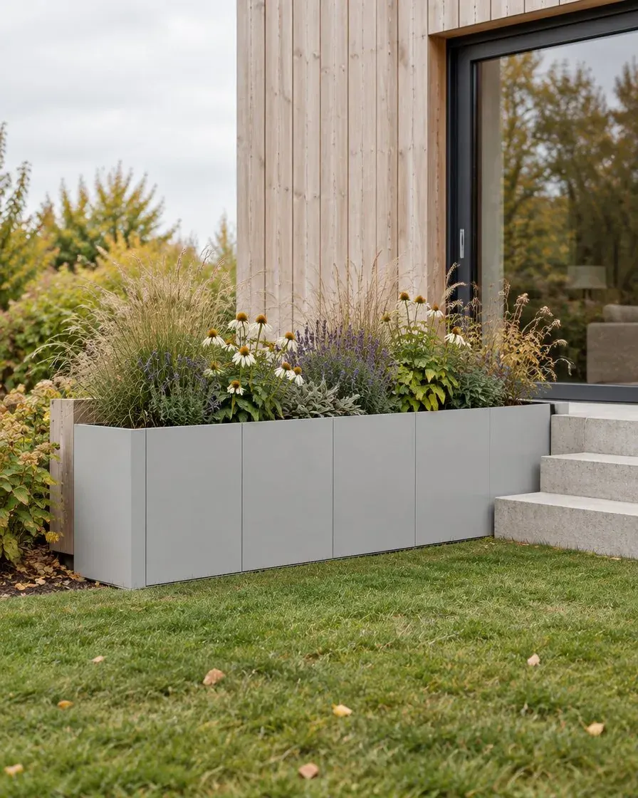 Modulares Hochbeet in Lichtgrau neben Gartenstufen an einer Holzfassade